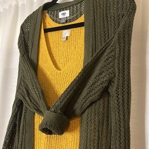 Mustard yellow sleeveless top & army green crocheted 3/4 length sleeve cardigan